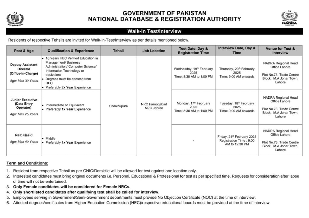 NADRA Lahore Head Office Jobs 2025 for Naib Qasid and Data Entry Operators