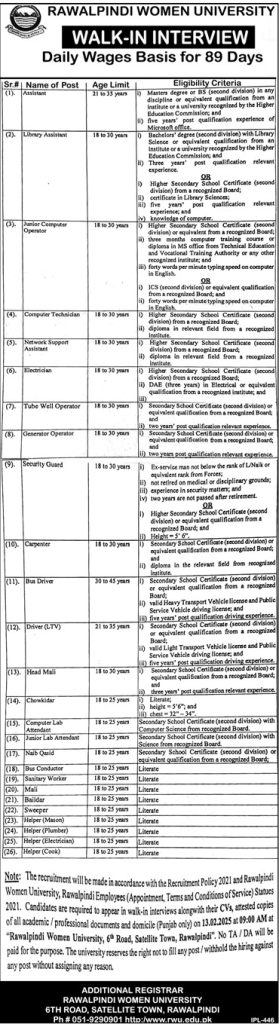 Rawalpindi Women University Walk in Interview Jobs 2025