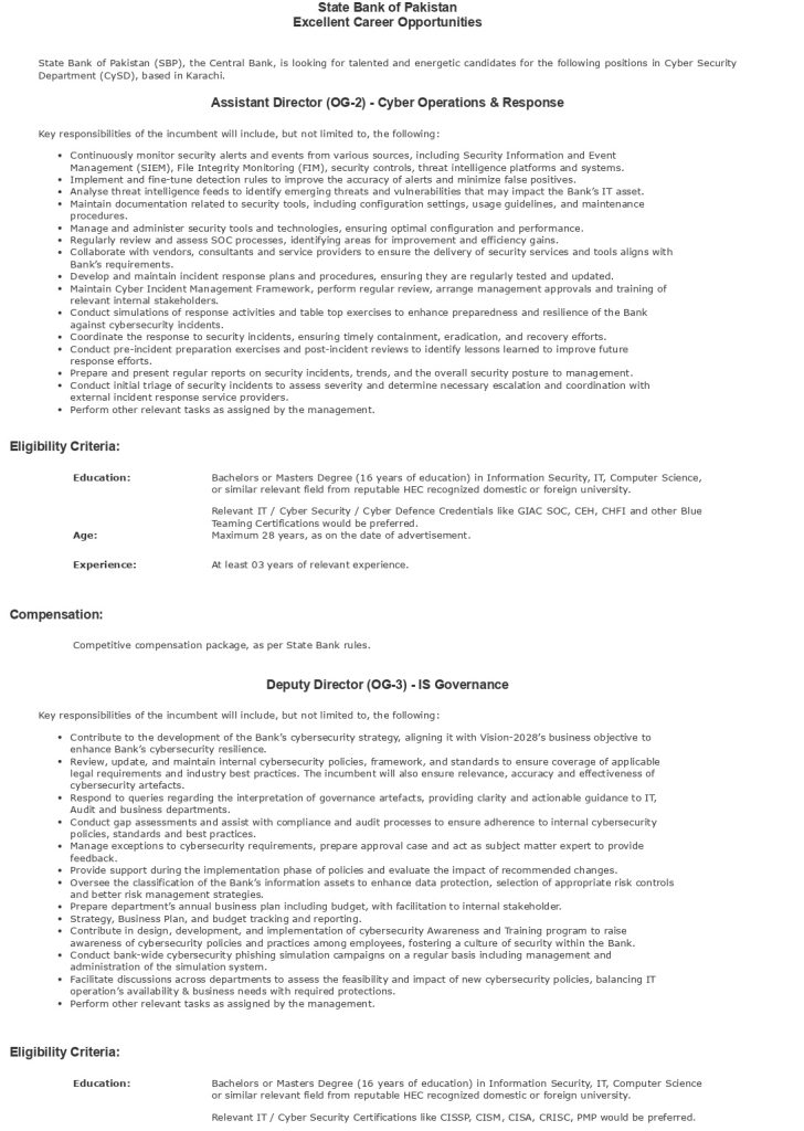 State Bank of Pakistan SBP Jobs 2025 for Cyber Security Department