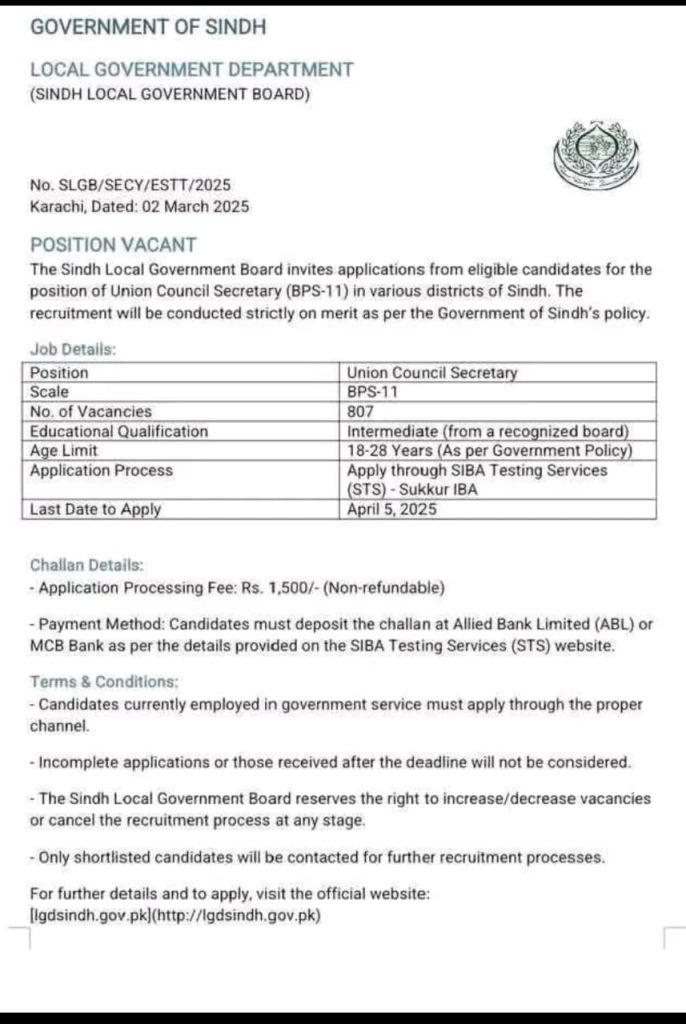 Union Council Secretary Jobs 2025 for Intermediate 