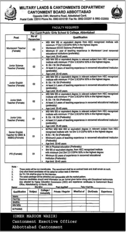 Cantt Public Girls School & College Abbottabad Teaching Jobs 2025